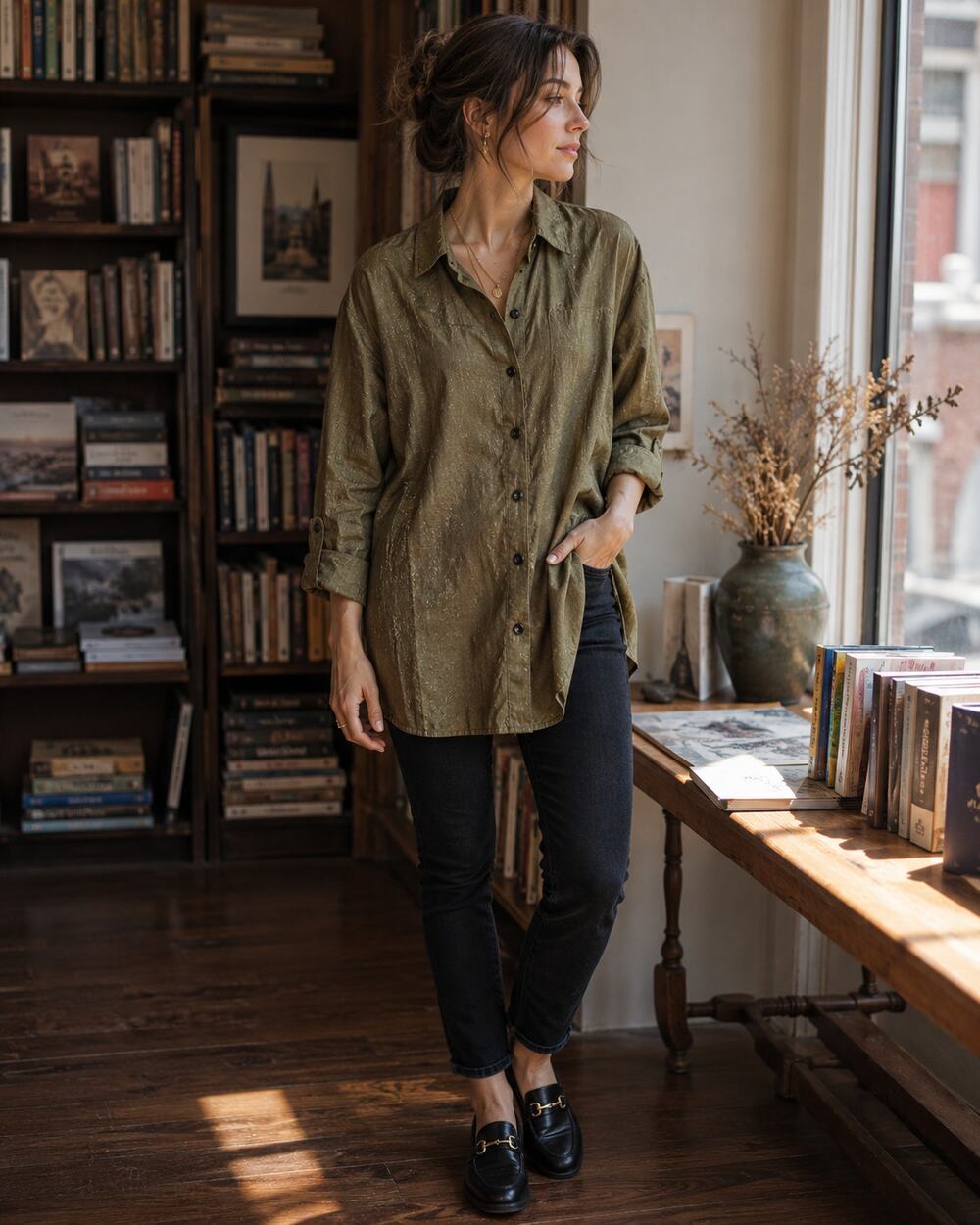 Joan Rivers Olive Bronze Shimmer Oversized Shirt XXS Cotton Boyfriend Tunic QVC